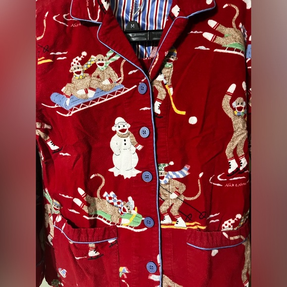 Nick & Nora Vintage Flannel Sock Monkey Winter Pajama Set Small - Picture 4 of 8